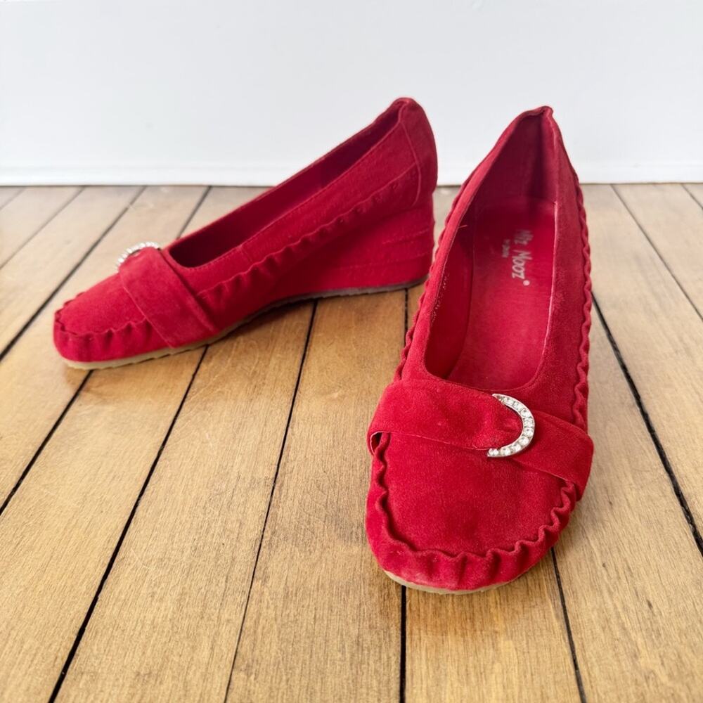 Miz Mooz Red Suede Wedge Ruffle Loafers Rhinestone detail 37 / 7